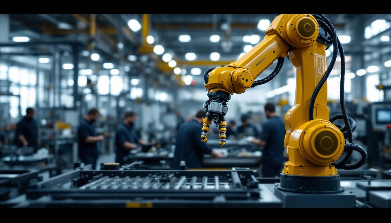 A photograph of a sleek industrial robotic arm in action within a modern boston manufacturing facility