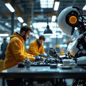 A photograph of a sleek industrial robot in action within a modern workplace