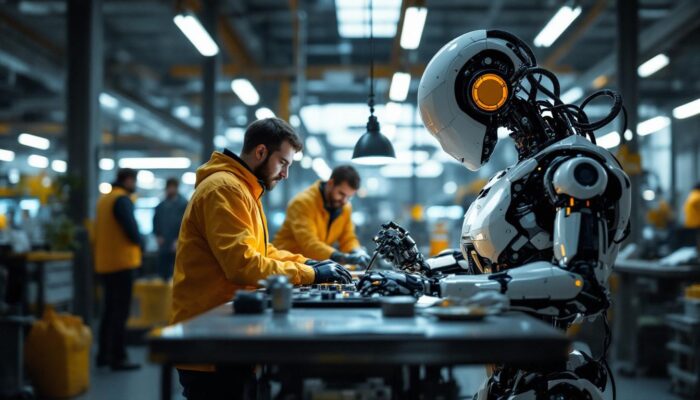 A photograph of a sleek industrial robot in action within a modern workplace