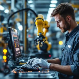 A photograph of a skilled technician programming or operating an industrial robot in a modern manufacturing environment