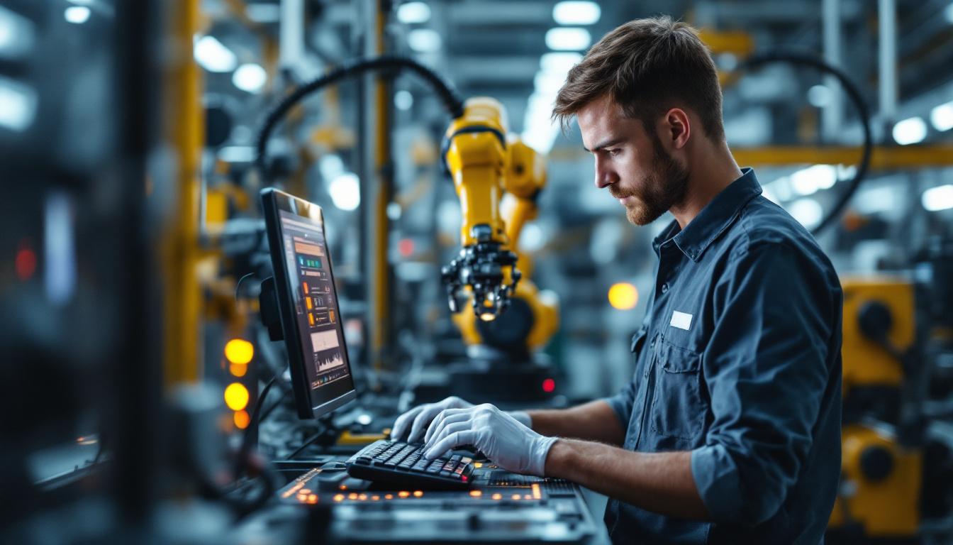 A photograph of a skilled technician programming or operating an industrial robot in a modern manufacturing environment