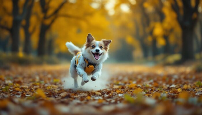 A photograph of a dynamic scene featuring a dog sprinting joyfully in a park alongside an industrial robot in action