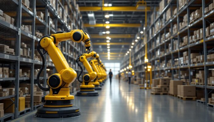 A photograph of a well-organized warehouse environment featuring advanced industrial robots in action