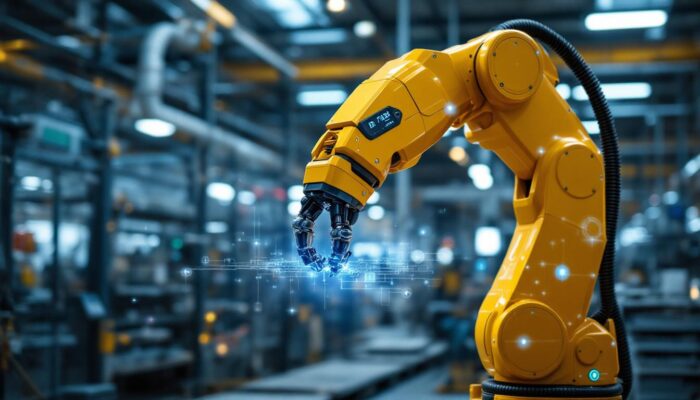 A photograph of a modern industrial robotic arm in action within a high-tech manufacturing environment