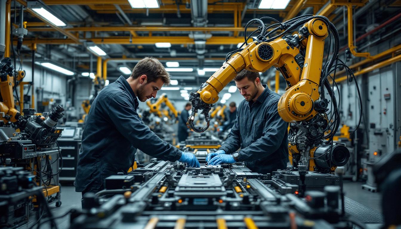 A photograph of a dynamic scene showcasing engineers at work in a high-tech lab environment
