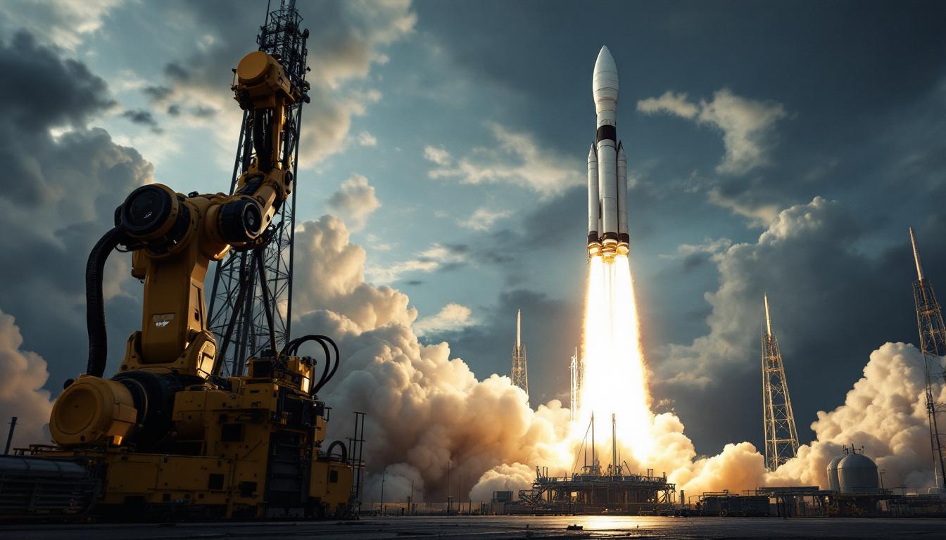 A photograph of a chevron rocket launch in action