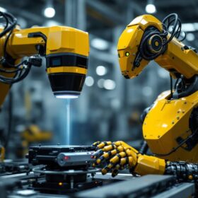 A photograph of a 3d laser scanner in action alongside an industrial robot