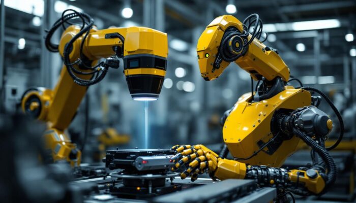 A photograph of a 3d laser scanner in action alongside an industrial robot