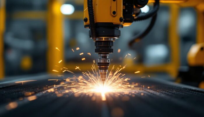 A photograph of a high-tech industrial robotic arm in action