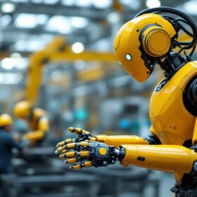 A photograph of a modern industrial robot in action within a manufacturing setting