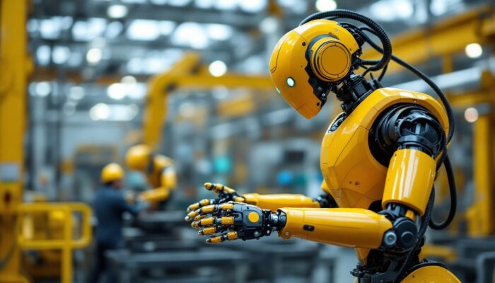 A photograph of a modern industrial robot in action within a manufacturing setting