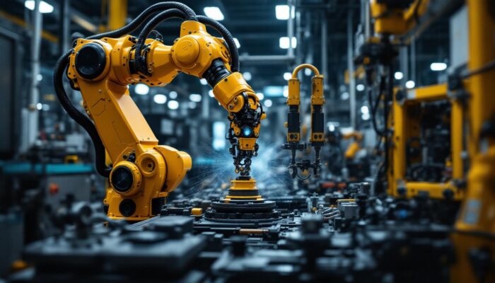 A photograph of a dynamic industrial setting showcasing a robotic arm in action