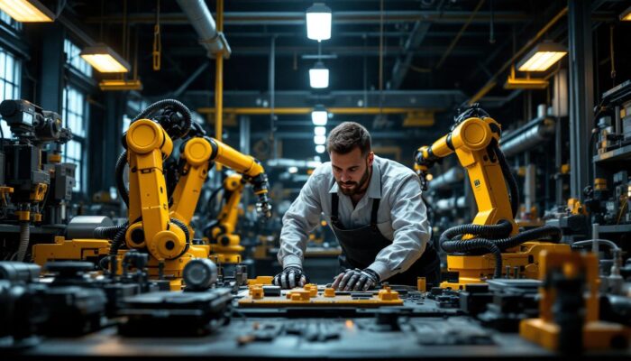A photograph of a dynamic workspace showcasing both proto-industrial and modern robotic systems in action