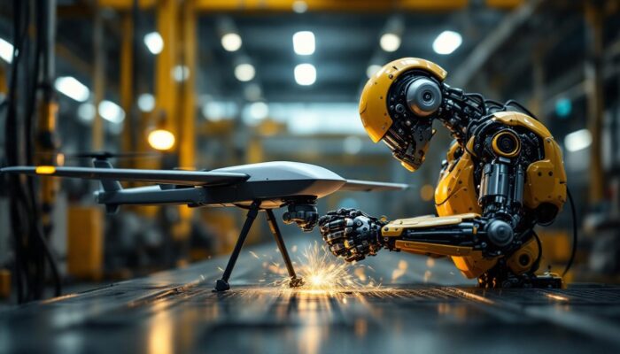 A photograph of a military drone in action alongside an industrial robot working in a manufacturing setting
