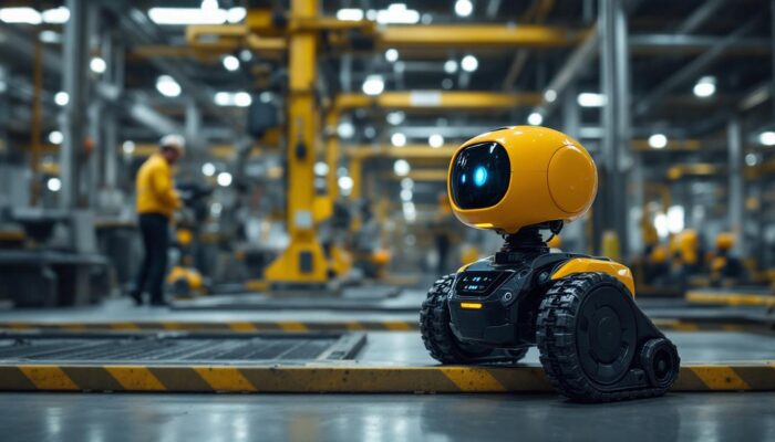 A photograph of a dynamic scene featuring a spot robot navigating an industrial environment