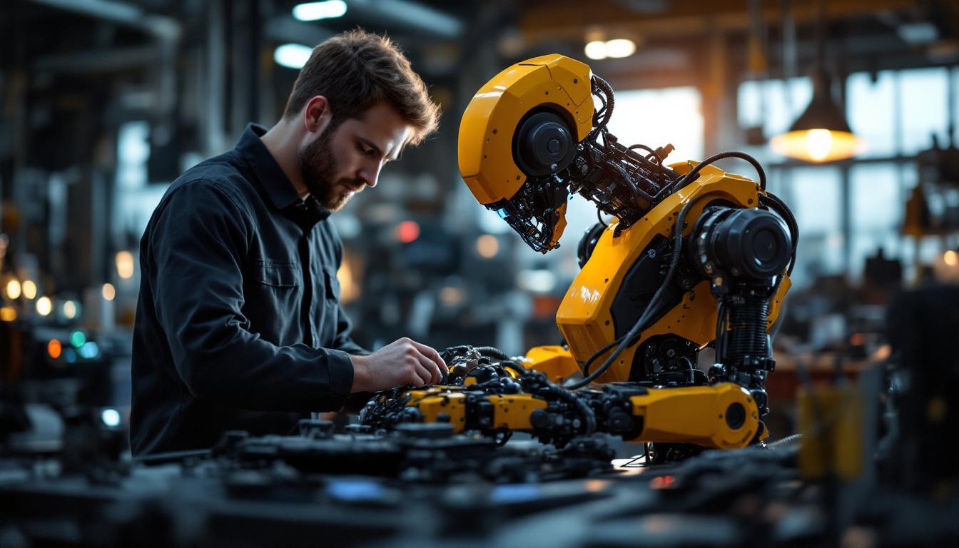 A photograph of a dynamic scene featuring a skilled technician working on an r c mechanical or industrial robot