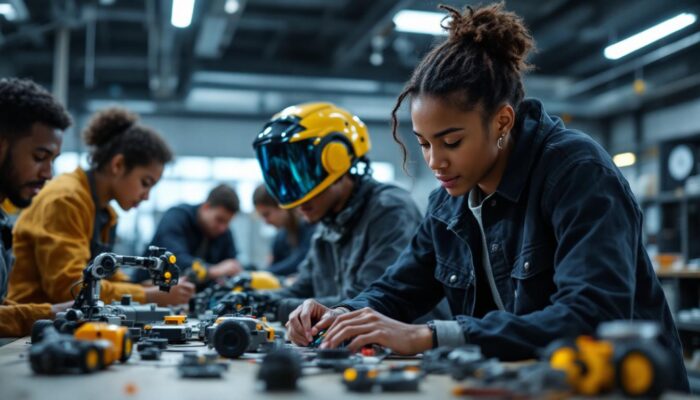 A photograph of a dynamic scene featuring a diverse group of teenagers engaged in hands-on activities related to robotics