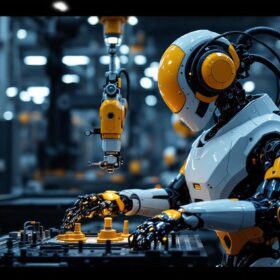 A photograph of a dynamic industrial robot in action