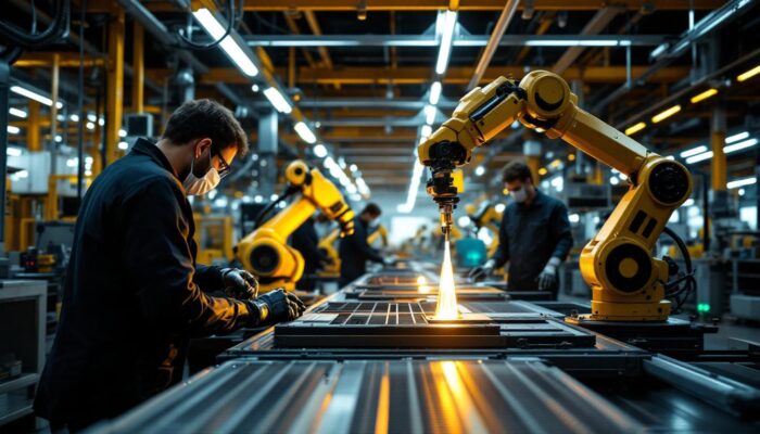 A photograph of a dynamic industrial setting featuring hyundai robots in action