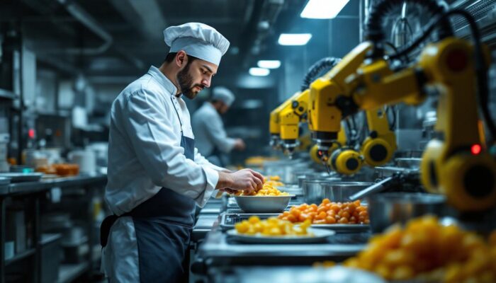 A photograph of a chef in a commercial kitchen carefully monitoring the cooling process of potentially hazardous food