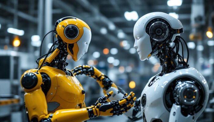 A photograph of a humanoid robot interacting with an industrial robot in a modern manufacturing setting