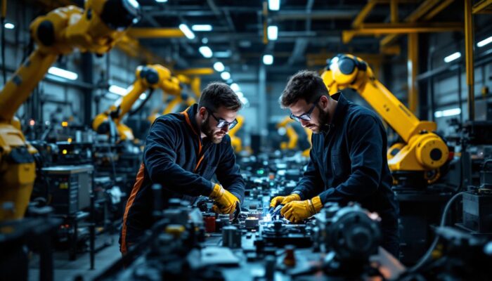 A photograph of a dynamic industrial setting showcasing engineers collaborating on innovative mechanical projects