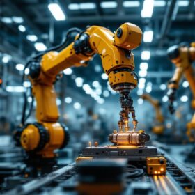 A photograph of a dynamic industrial setting showcasing a robotic arm in action