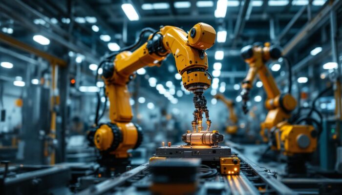 A photograph of a dynamic industrial setting showcasing a robotic arm in action