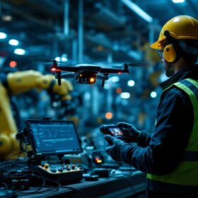 A photograph of a drone pilot operating a uav in an industrial setting
