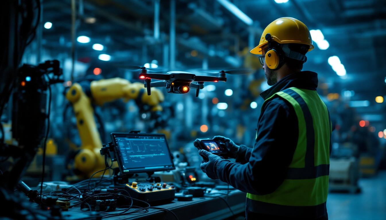 A photograph of a drone pilot operating a uav in an industrial setting