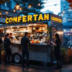 A photograph of capture a photograph of a vibrant concession trailer bustling with activity