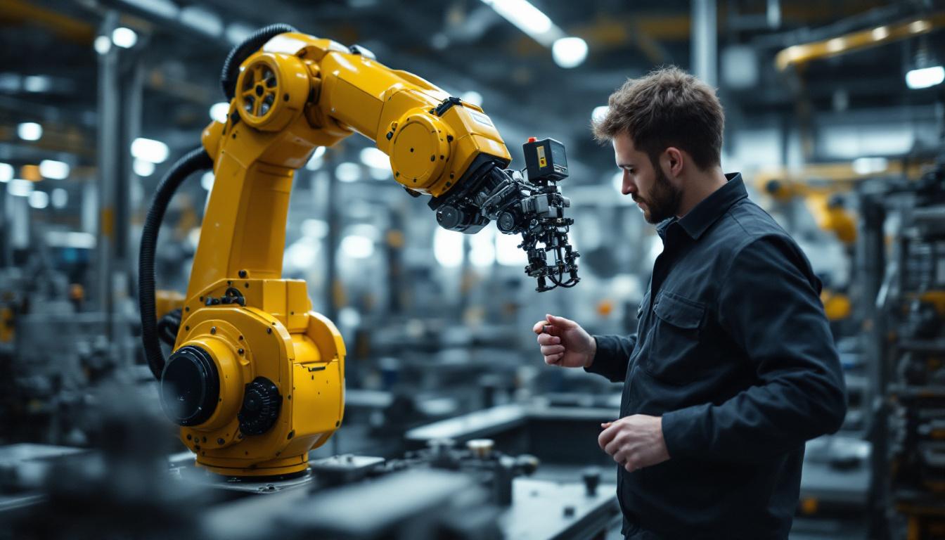 A photograph of a skilled controls engineer working on an industrial robotic arm in a modern manufacturing environment