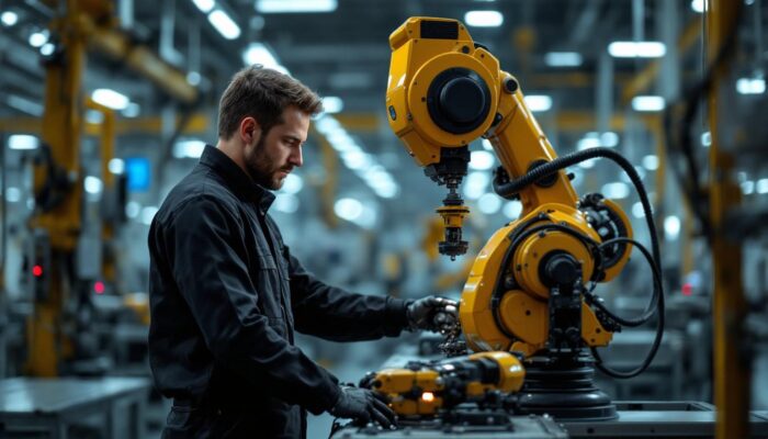 A photograph of a skilled technician operating a sophisticated industrial robot in a modern manufacturing facility