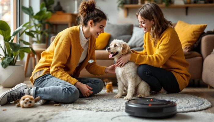 A photograph of a friendly pet sitter interacting with a happy dog in a cozy home environment
