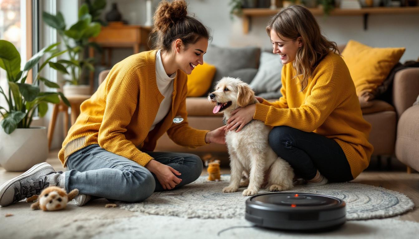 A photograph of a friendly pet sitter interacting with a happy dog in a cozy home environment