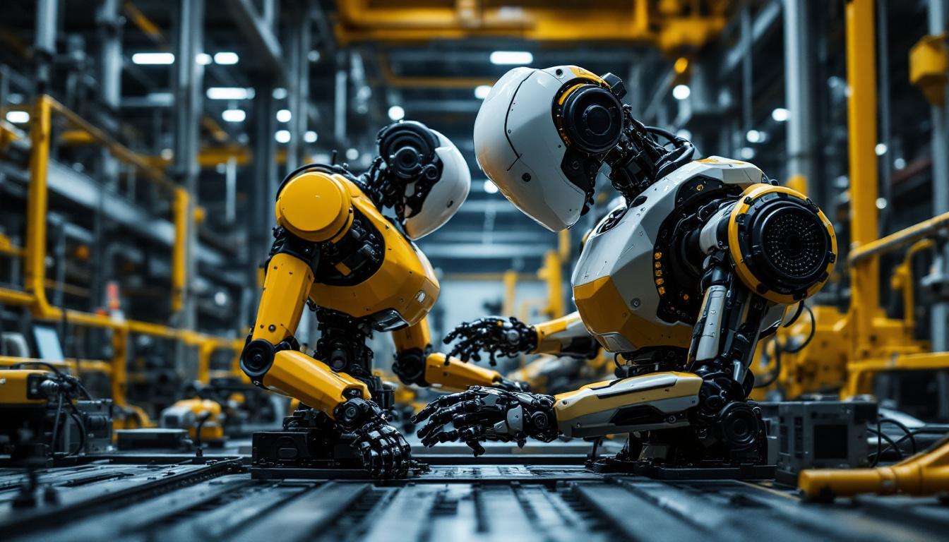 A photograph of a sleek atlas robot in action within an industrial setting