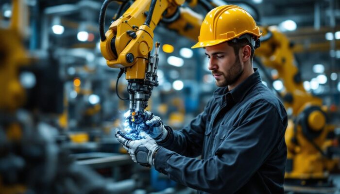 A photograph of a dynamic industrial setting featuring an entry-level mechanical worker interacting with a robotic arm