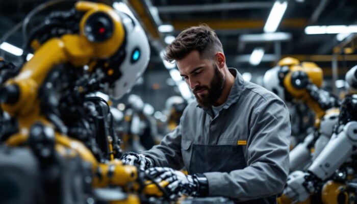 A photograph of a skilled technician interacting with advanced bionic devices and industrial robots in a modern workshop setting
