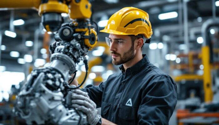 A photograph of a skilled technician inspecting an industrial robot in a modern manufacturing facility