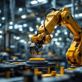 A photograph of capture a photograph of an industrial robotic arm in action within a modern manufacturing setting
