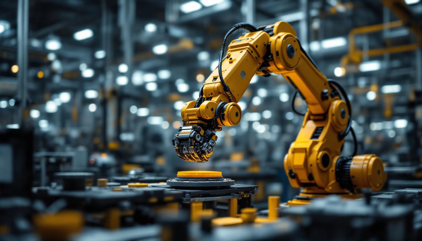 A photograph of capture a photograph of an industrial robotic arm in action within a modern manufacturing setting