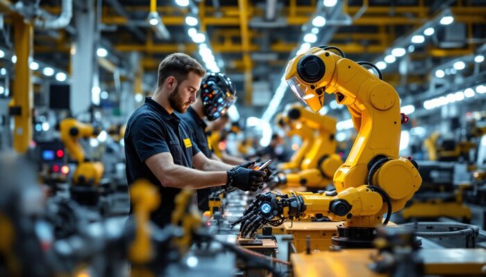 A photograph of a hyundai manufacturing facility showcasing industrial robots in action