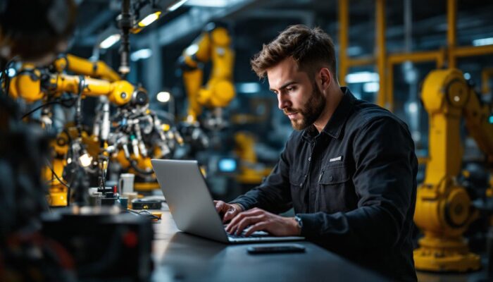 A photograph of a focused embedded software engineer working on a laptop surrounded by industrial robotic components