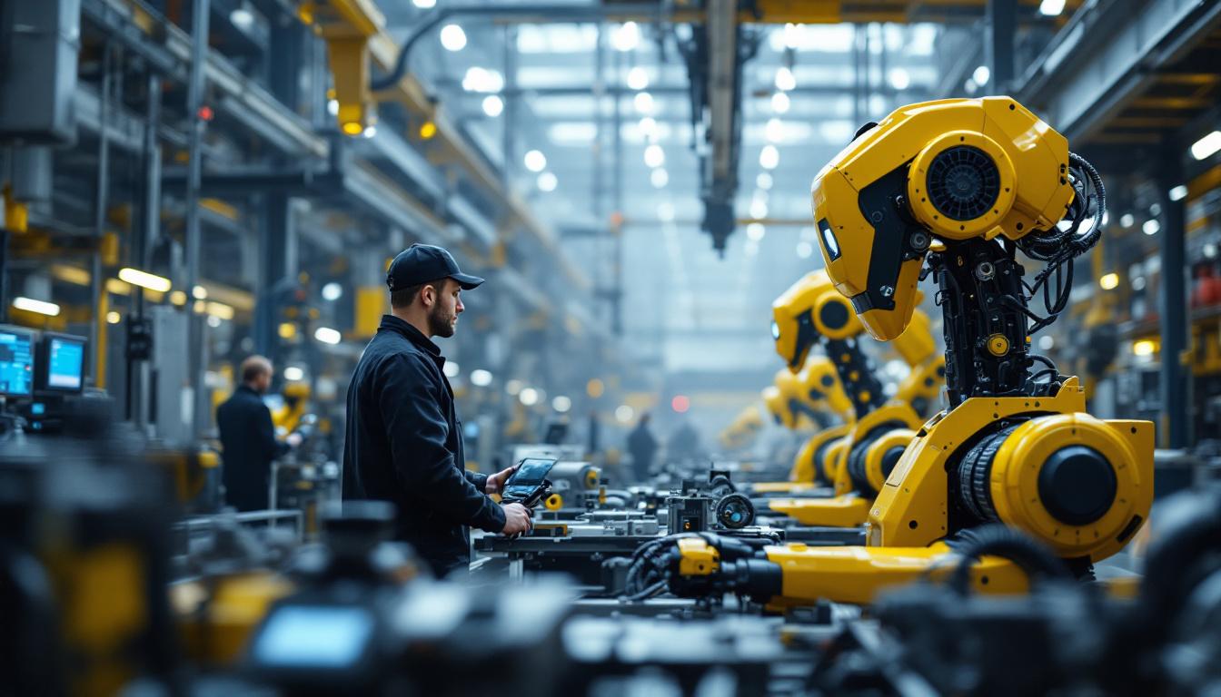 A photograph of a bustling industrial environment showcasing a variety of advanced industrial robots in action