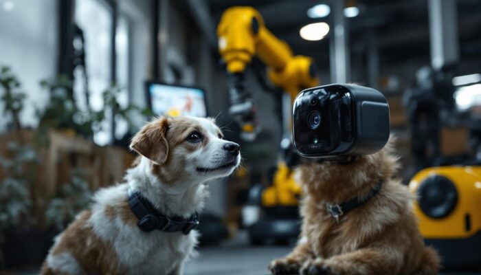 A photograph of a sleek wireless dog camera in action