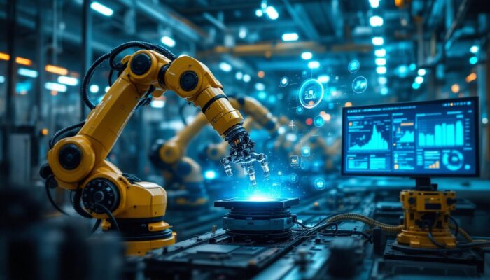 A photograph of a dynamic industrial setting where advanced robotic arms are actively engaged in a manufacturing process