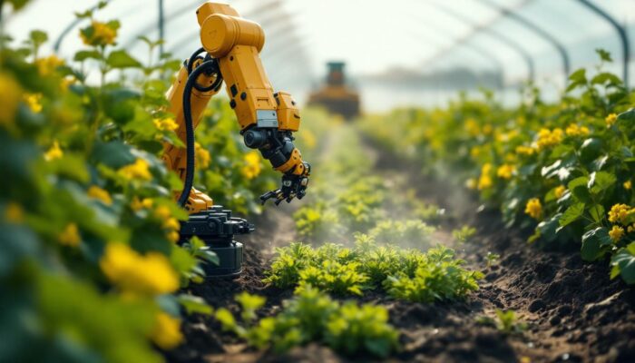 A photograph of a modern agricultural setting featuring a robotic system in action
