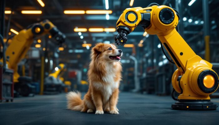 A photograph of a vibrant and engaging scene that juxtaposes a playful dog interacting with a visually striking industrial robotic arm