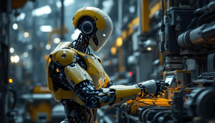 A photograph of a realistic humanoid robot engaged in a dynamic industrial setting