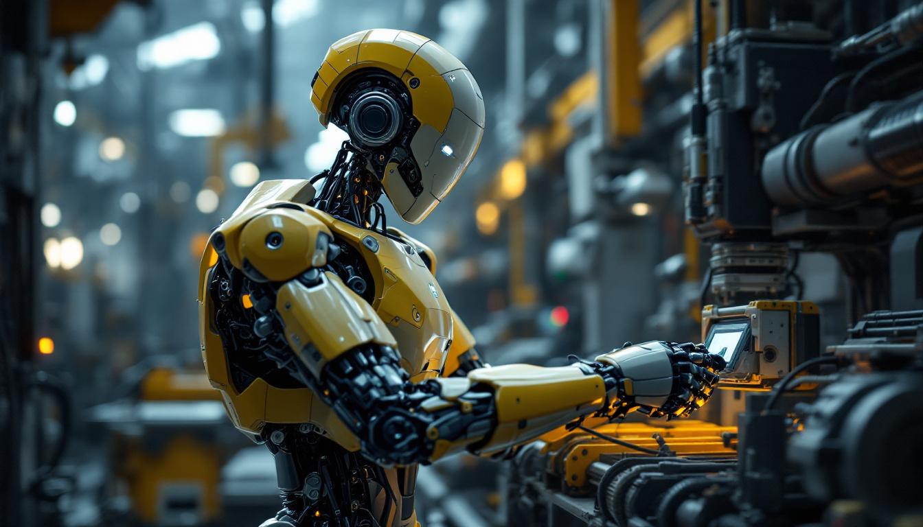 A photograph of a realistic humanoid robot engaged in a dynamic industrial setting